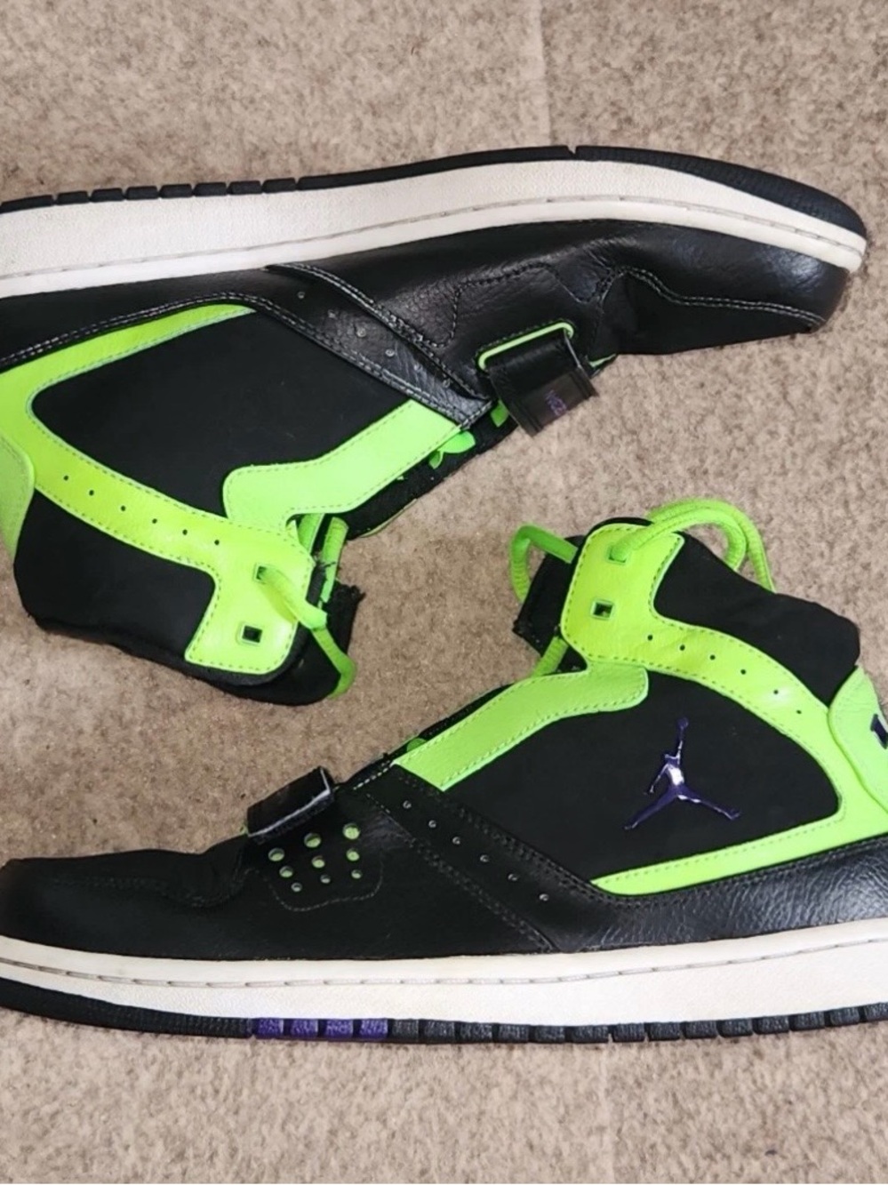 Air Jordan 1 Flight Strap Black Flash Lime Purple Leather Sneakers Shoes-Mens 12
